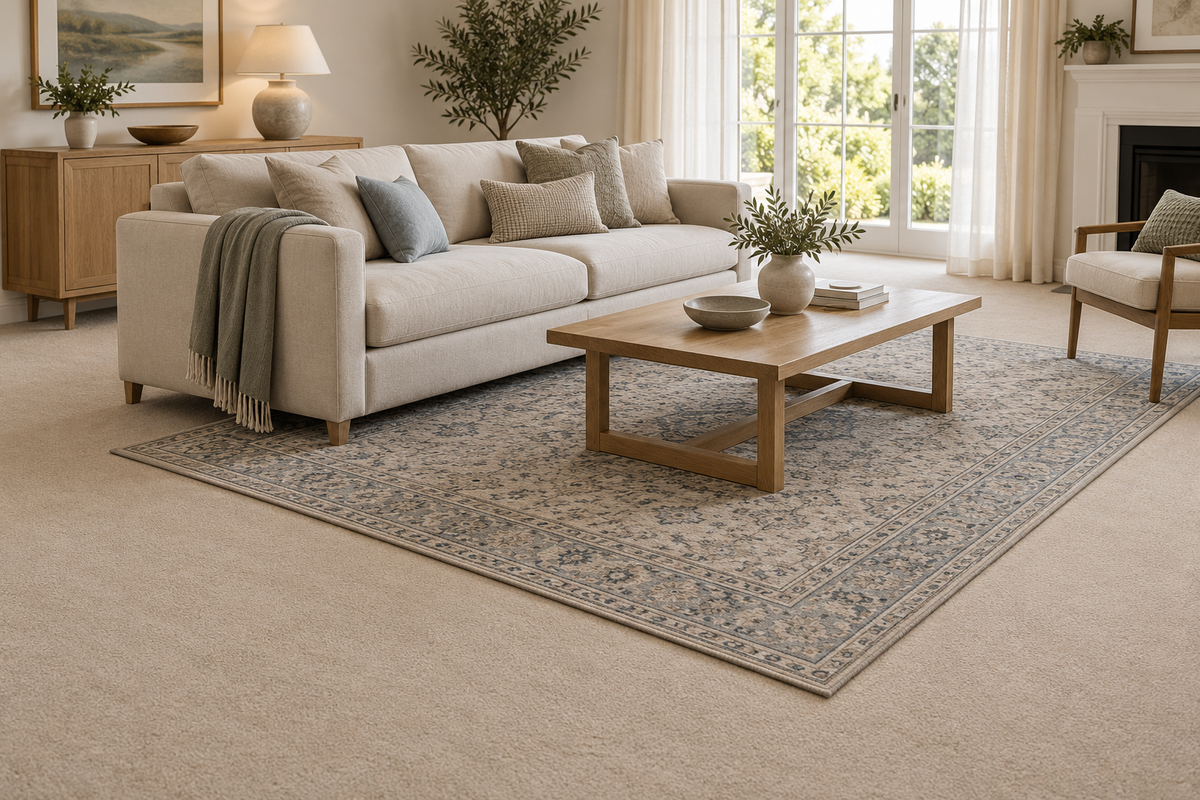 AI-generated room illustration showing a patterned rug over fitted carpet.