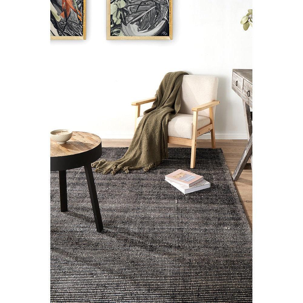 Allie Black Cotton Rayon Rug featuring striped pattern in charcoal, grey and ivory on charcoal background, power-loomed cotton-rayon