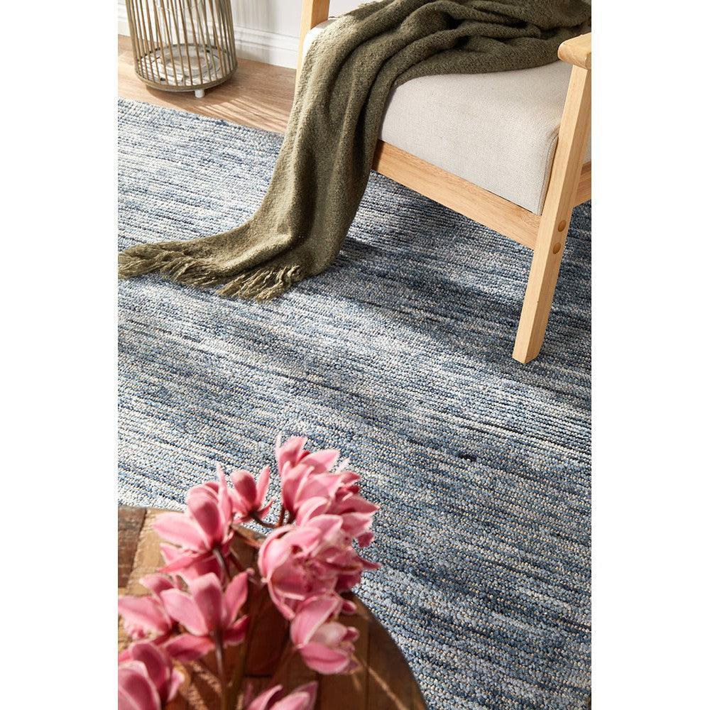 Allie Indigo Cotton Rayon Rug featuring textured striped pattern in indigo, navy, powder blue and ivory on beige, machine-woven cotton-rayon