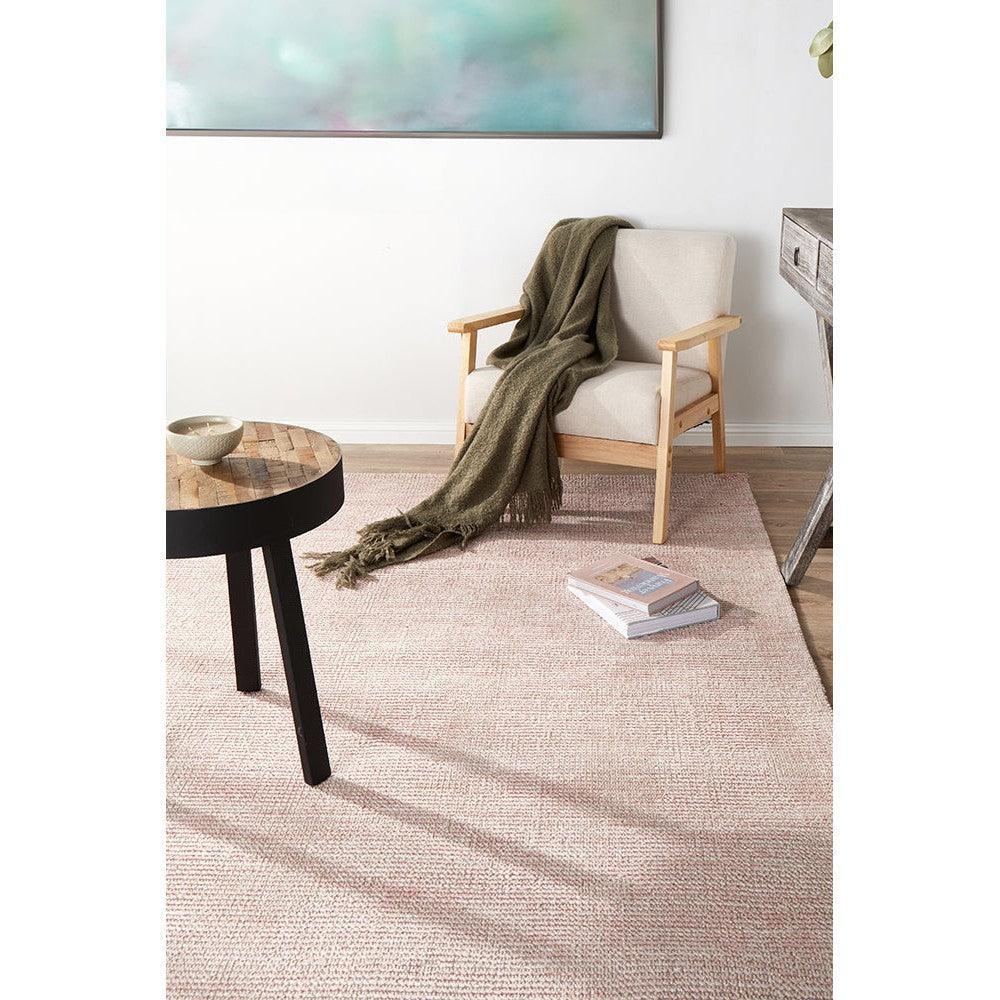 Allie Rose Cotton Rayon Rug featuring textured blush pink pattern with cream and olive accents on light cream background, machine-woven cotton–rayon