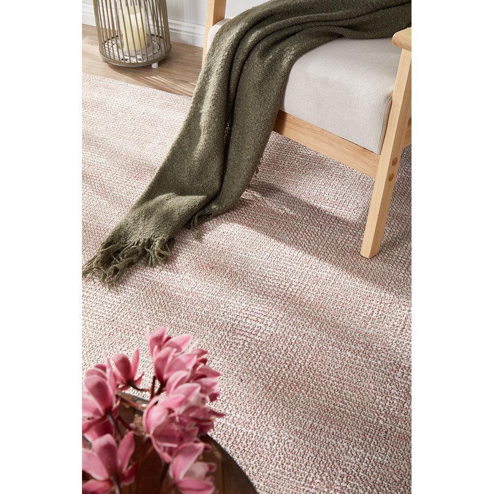 Allie Rose Cotton Rayon Rug featuring textured weave in blush pink, ivory on light cream background, power-loomed cotton-rayon