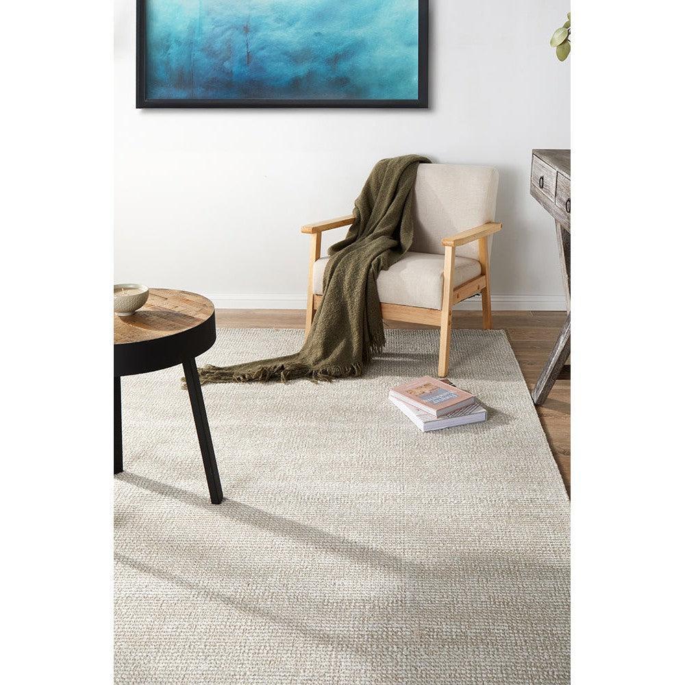 Allie Sky Cotton Rayon Rug featuring solid textured weave in cream and beige on light beige background, woven cotton and rayon