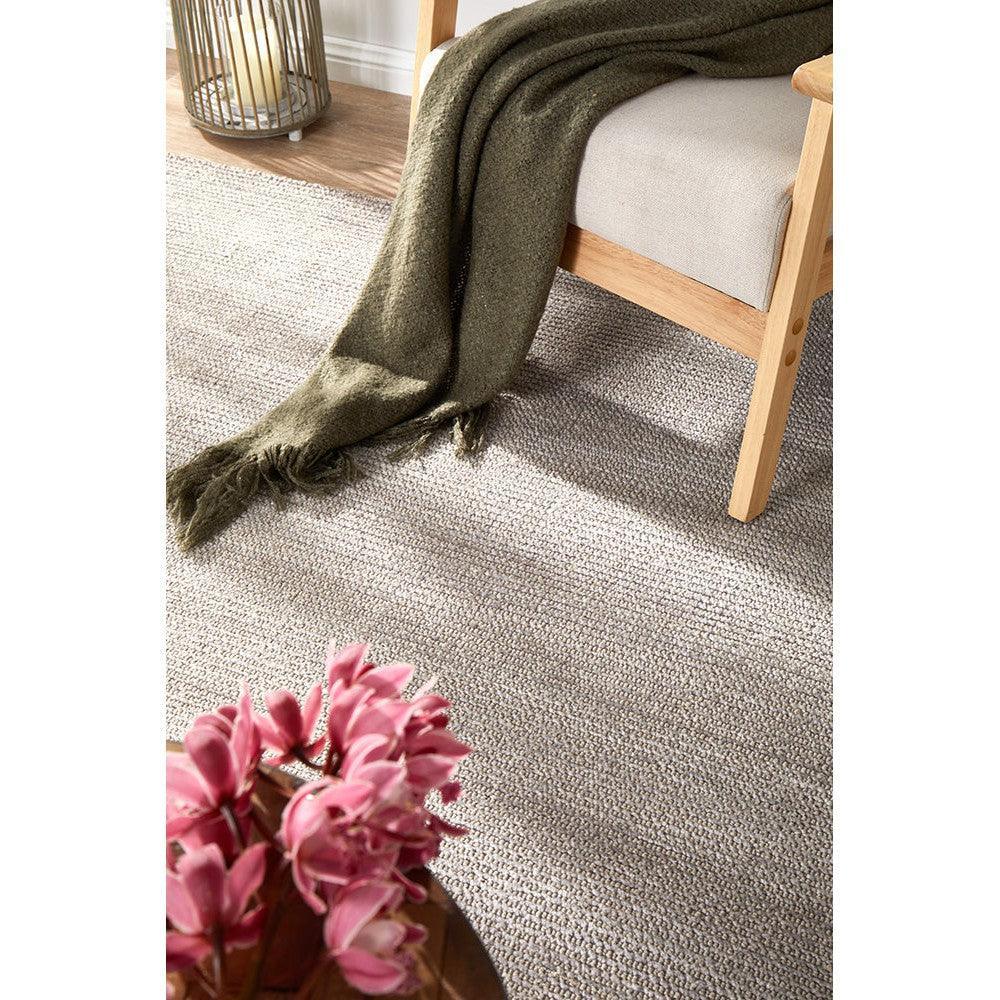Allie Stone Cotton Rayon Rug featuring textured neutral weave in cream, beige, taupe on ivory background, handcrafted rug culture Allure collection