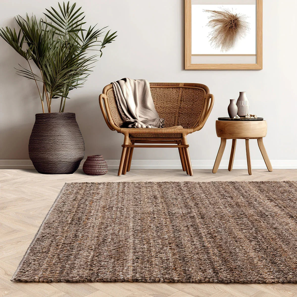 Asiatic Abbus Tawny Brown Rug featuring textured weave in tawny brown and beige on tan background, hand-tufted wool