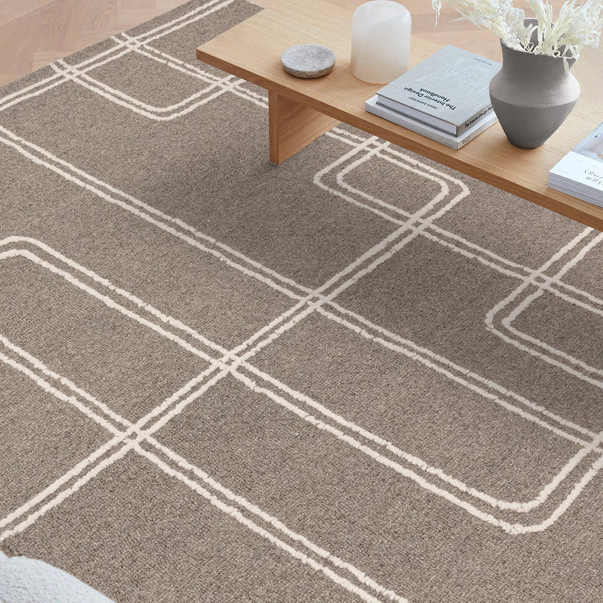 Asiatic Ada Grey Designer Rug featuring geometric grid in taupe-grey and cream lines on taupe background, hand-tufted wool