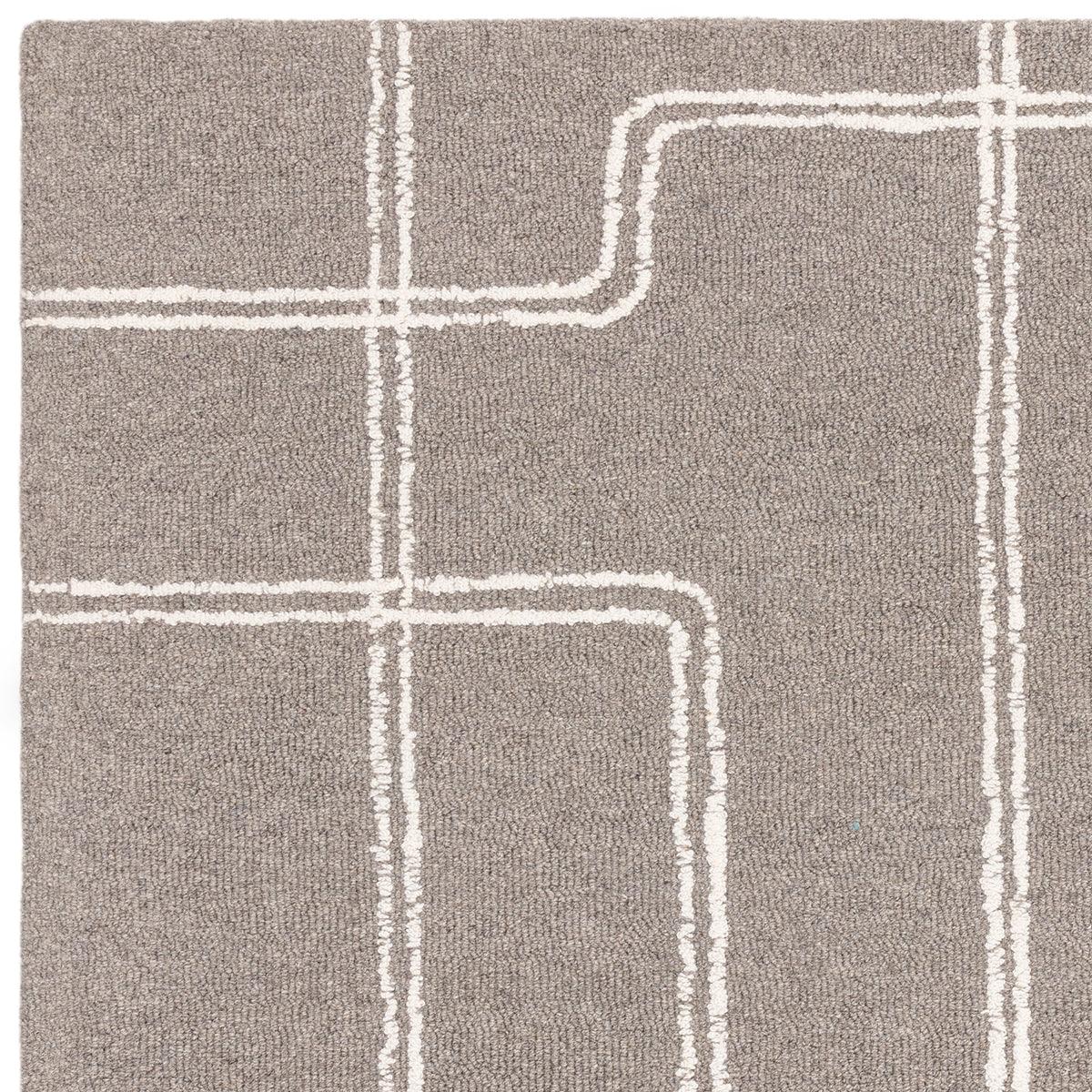 Asiatic Ada Grey Designer Rug featuring white geometric grid lines on taupe-grey background