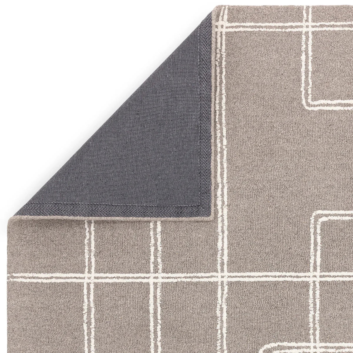 Asiatic Ada Grey Designer Rug featuring geometric grid in taupe, white and navy on taupe background, power-loomed wool