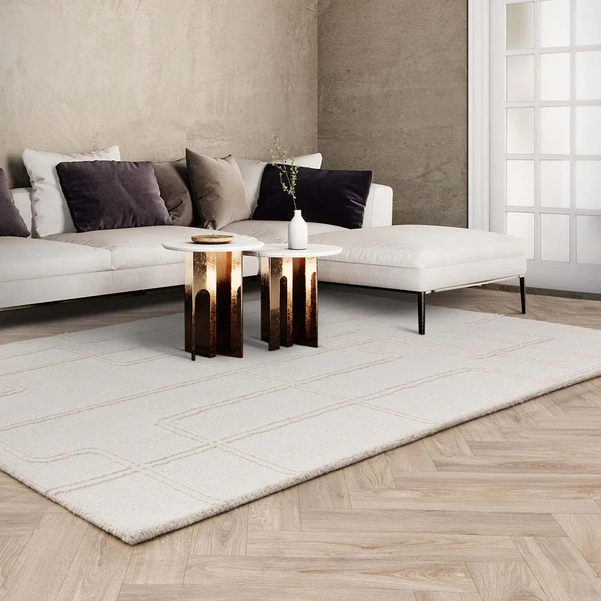 Asiatic Ada Ivory Designer Rug featuring geometric grid in ivory, cream and taupe on ivory background, machine-made wool