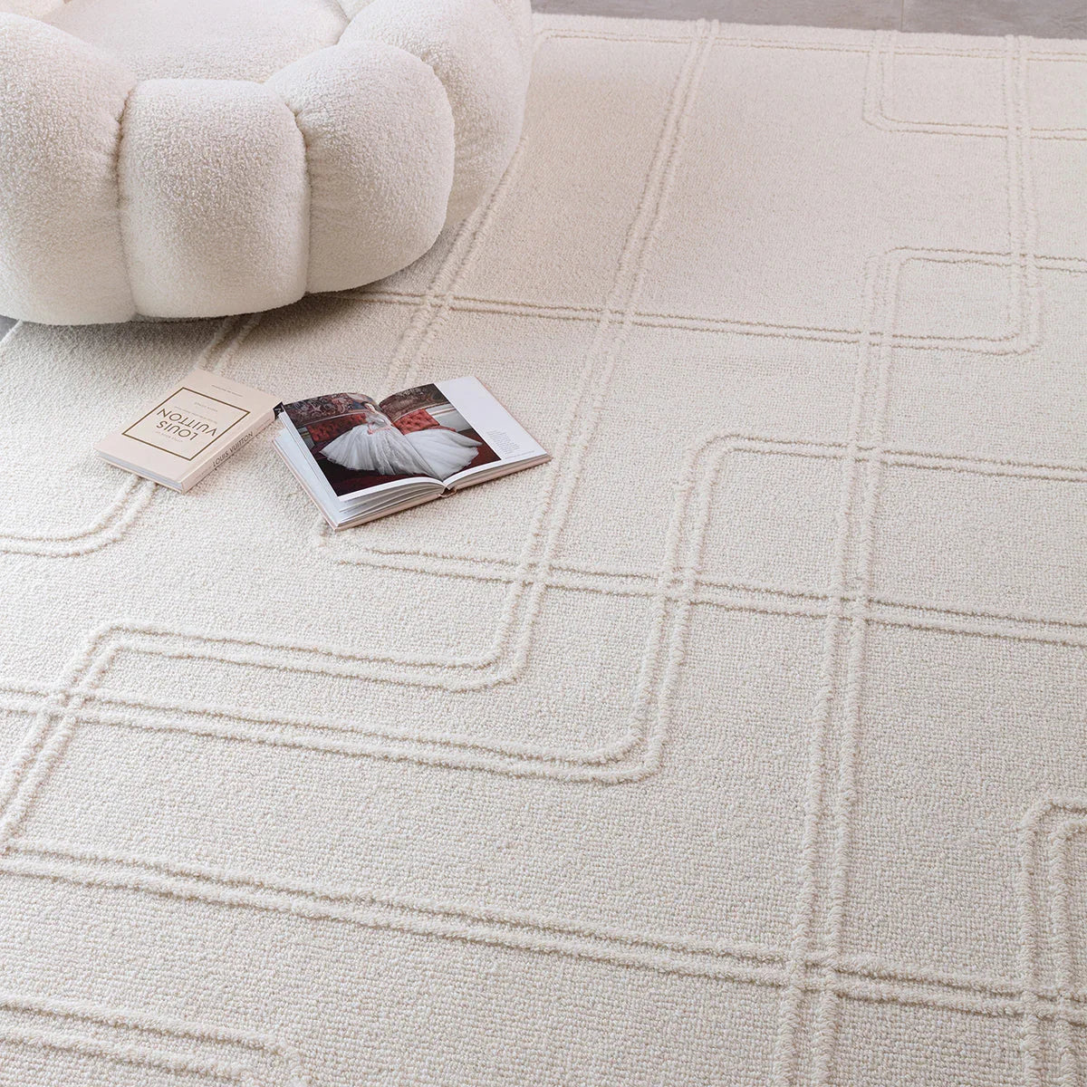 Asiatic Ada Ivory Designer Rug featuring geometric grid pattern in ivory, cream and beige on ivory backdrop, tufted wool