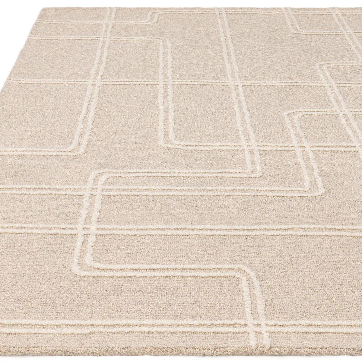 Asiatic Ada Sand Designer Rug featuring geometric lines in sand beige and ivory on beige background, power-loomed wool