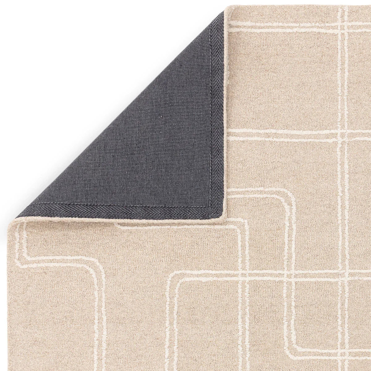 Asiatic Ada Sand Designer Rug featuring cream-white grid lines on beige background; navy reverse, machine-woven wool