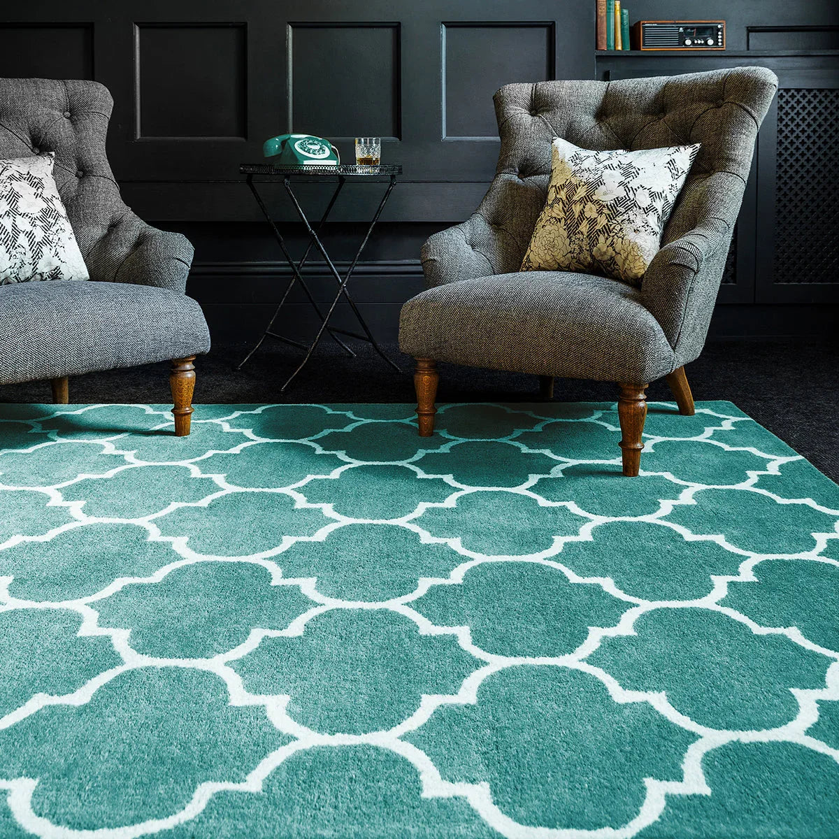 Asiatic Albany Ogee Duck Egg Rug featuring ogee lattice in duck-egg teal and white on teal background, hand-tufted wool
