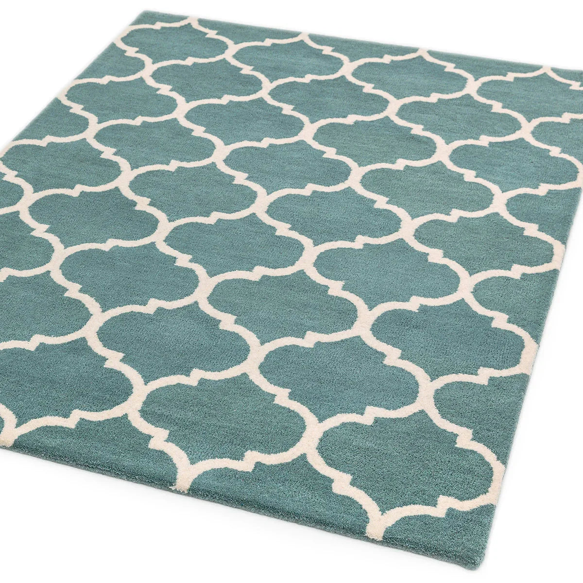Asiatic Albany Ogee Duck Egg Rug featuring ogee lattice pattern in duck egg teal and white on teal background, hand-tufted wool