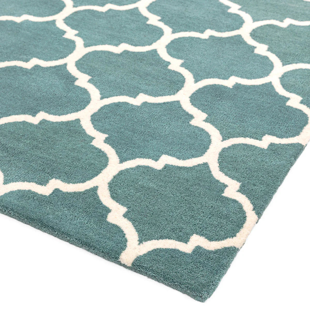 Asiatic Albany Ogee Duck Egg Designer Rug featuring ogee lattice in duck-egg teal and white on teal background, hand-tufted wool