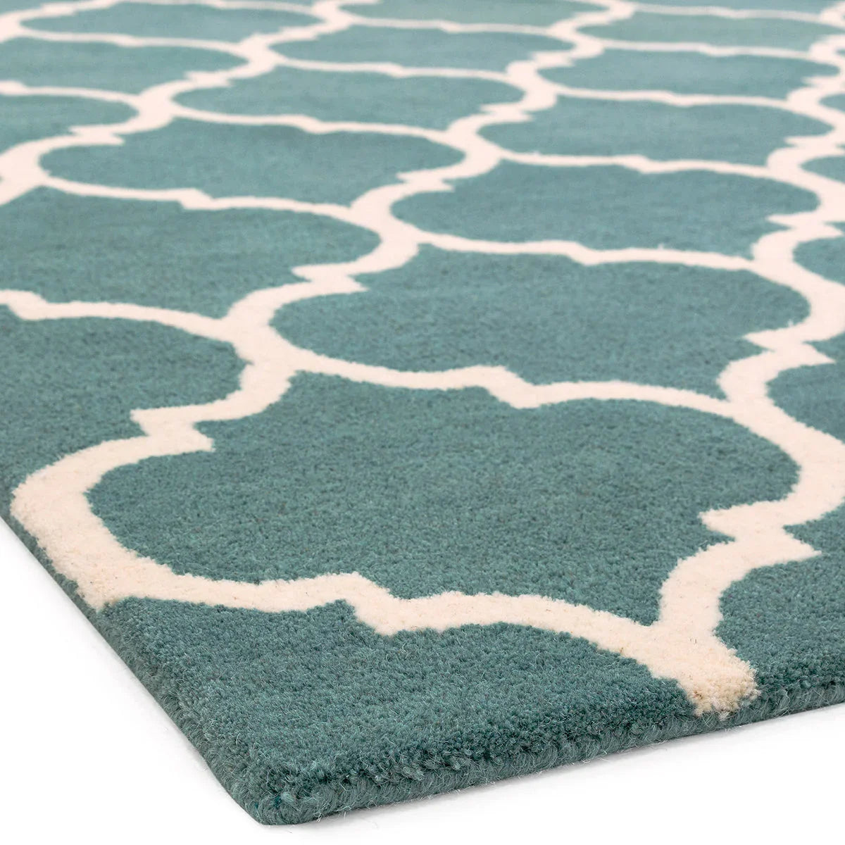 Asiatic Albany Ogee Duck Egg Designer Rug featuring ogee pattern in duck egg and white on teal background, hand-tufted wool
