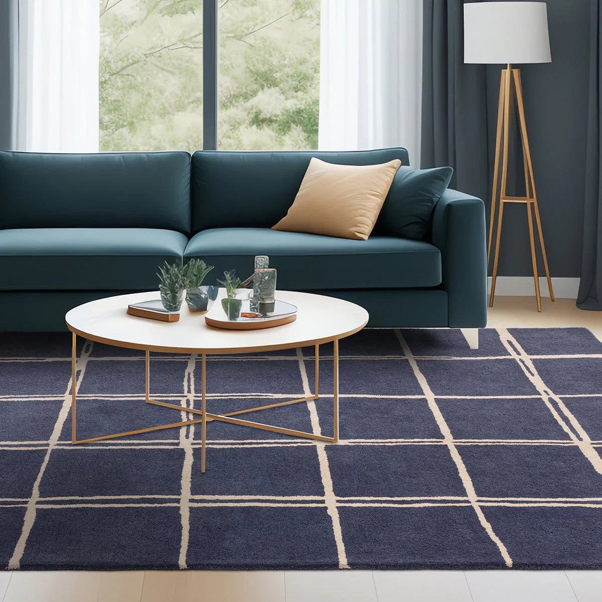 Asiatic Albany Grid Marine Designer Rug featuring geometric grid in navy blue and beige on navy background, machine-woven wool