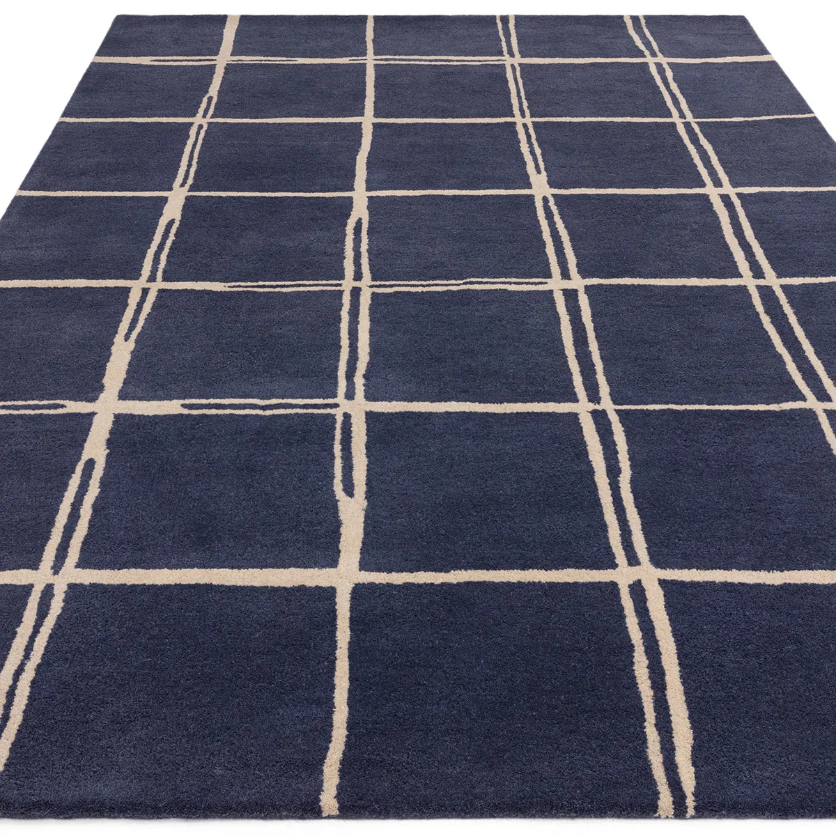 Asiatic Albany Grid Marine Designer Rug featuring beige grid lines on navy background, hand-tufted wool