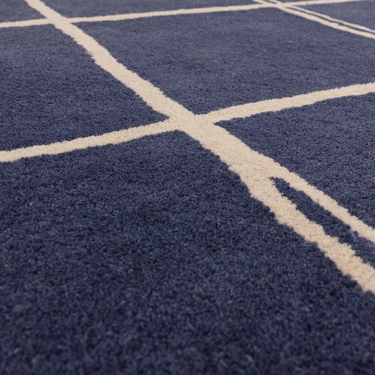 Asiatic Albany Grid Marine Rug featuring grid pattern in ivory lines on navy blue background, machine-made wool