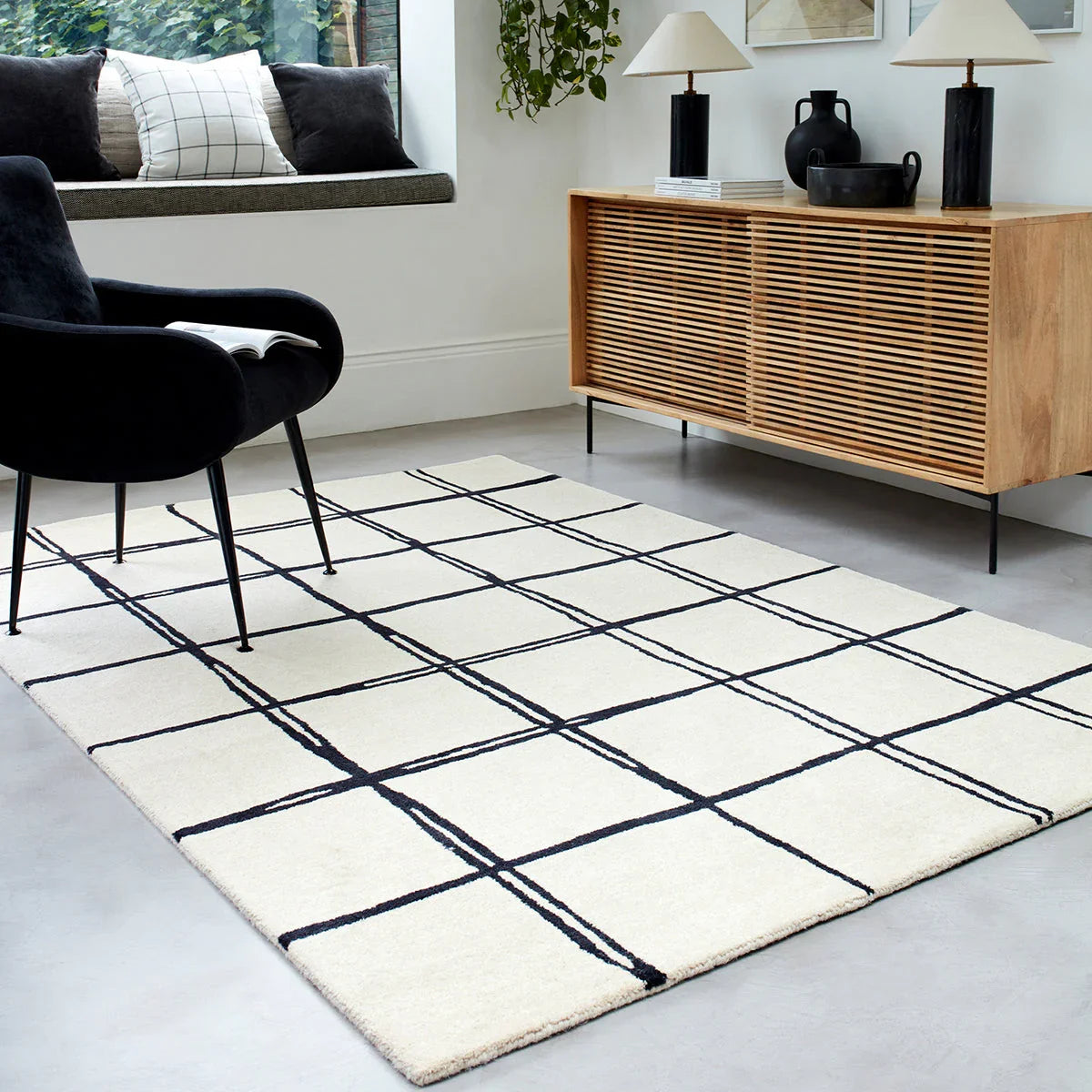 Asiatic Albany Grid Monochrome Designer Rug featuring geometric grid in ivory, cream and black on cream background, hand-tufted wool
