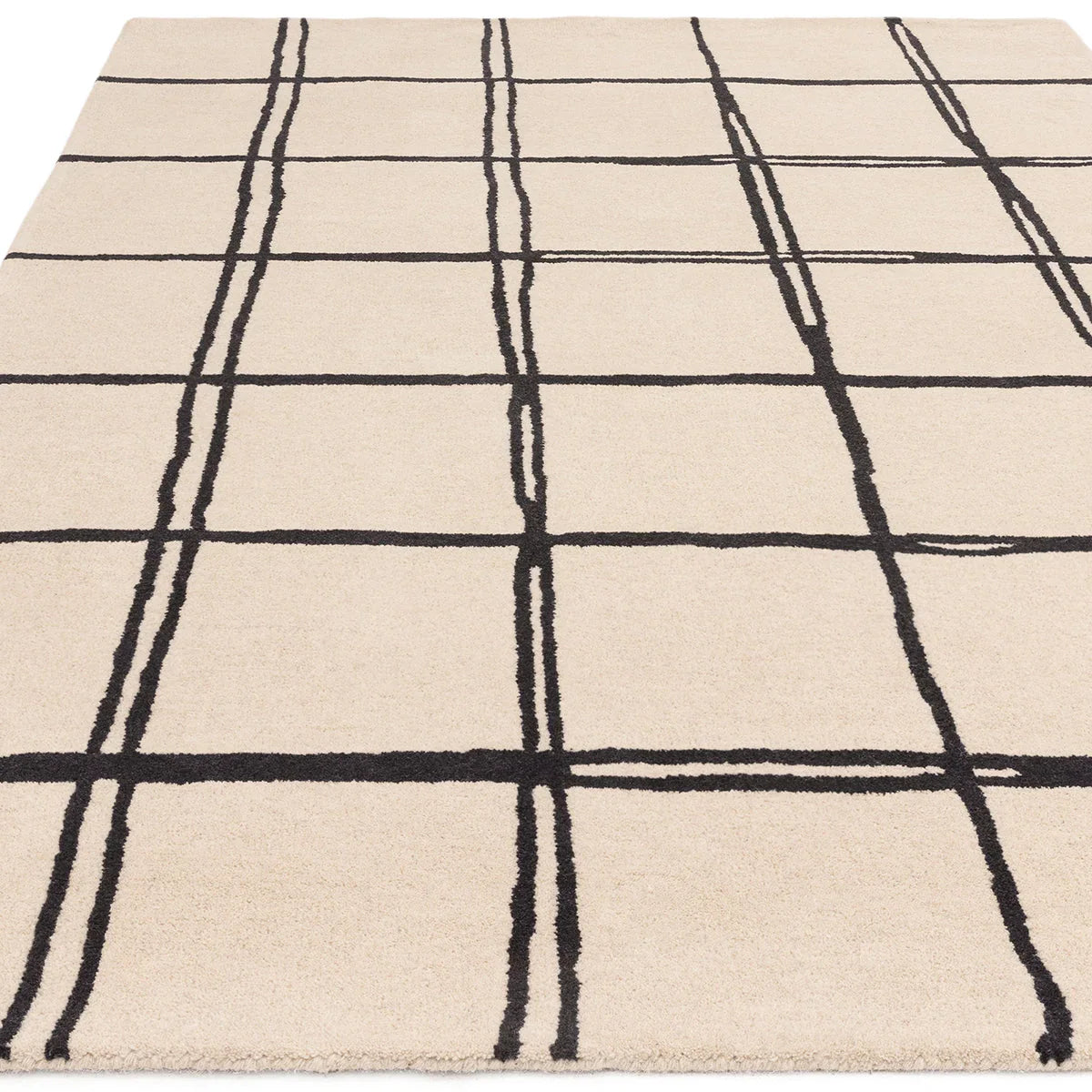 Asiatic Albany Grid Monochrome Designer Rug featuring grid in black on beige background, machinemade polypropylene