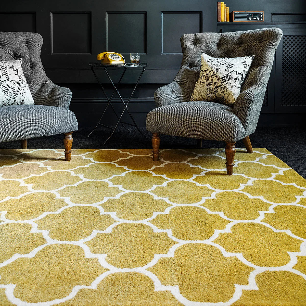 Asiatic Albany Ogee Ochre Designer Rug featuring ogee lattice in ochre and white on cream background, hand-tufted wool