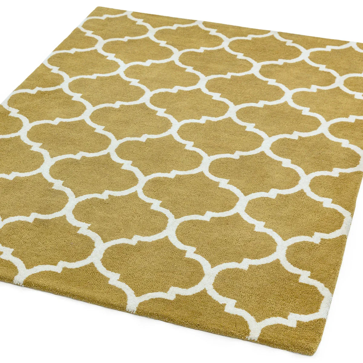Asiatic Albany Ogee Ochre rug featuring ogee lattice in ochre mustard and cream on ochre background, hand-tufted wool