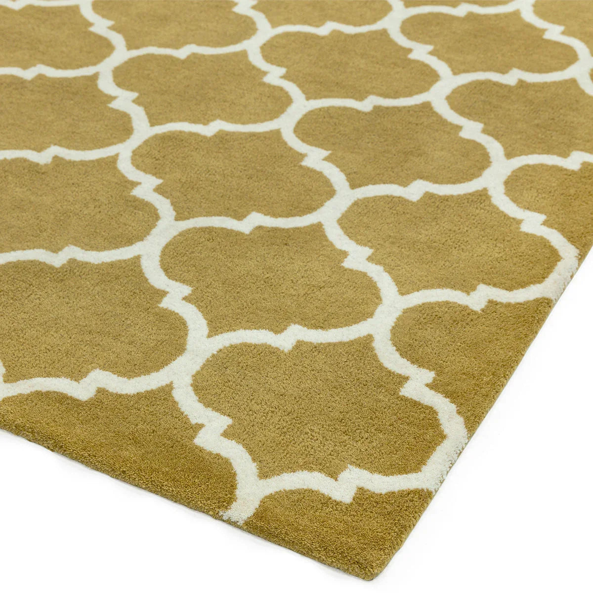 Asiatic Albany Ogee Ochre Designer Rug featuring ogee lattice pattern in white on ochre background, hand-tufted wool