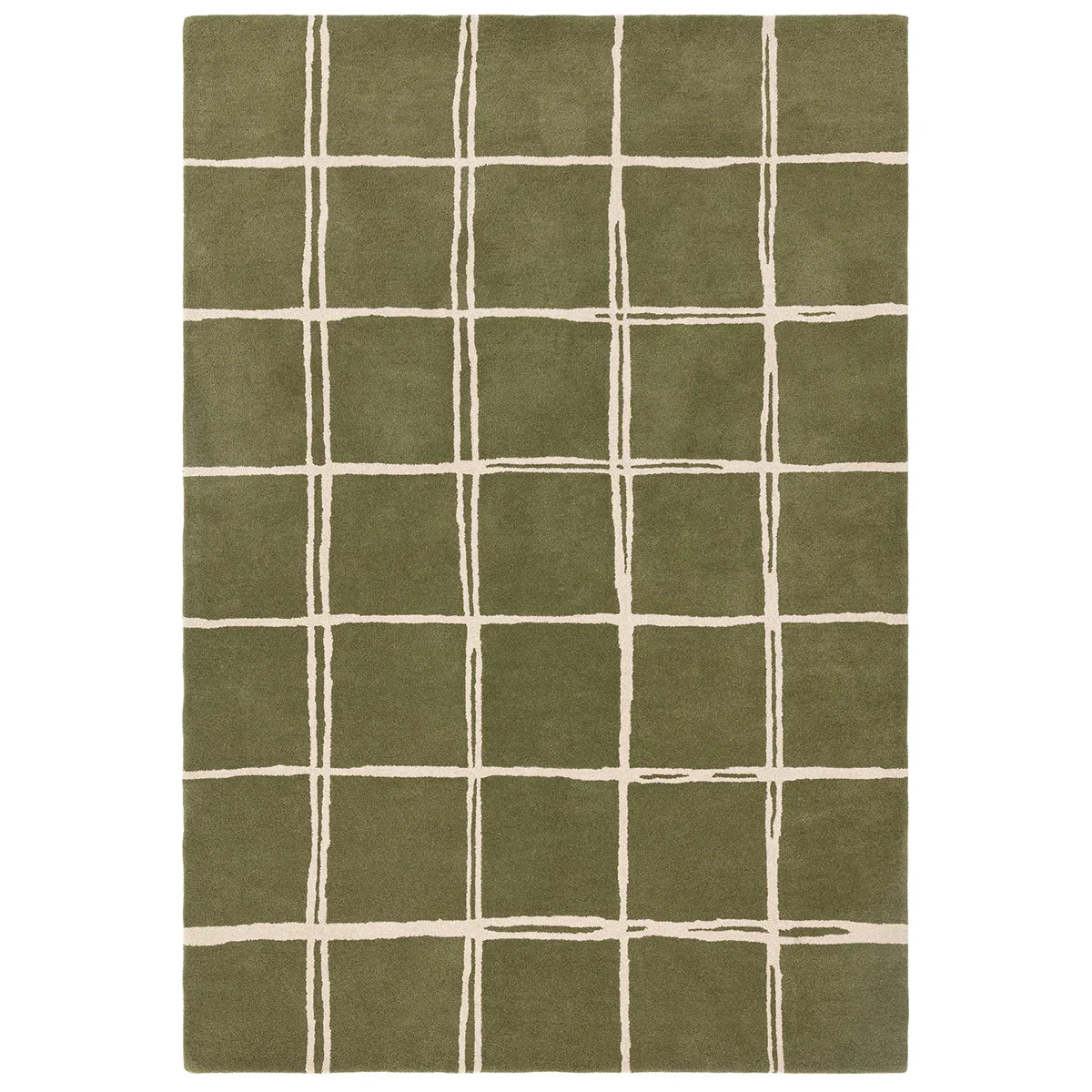 Asiatic Albany Grid Olive rectangle rug styled in a living room