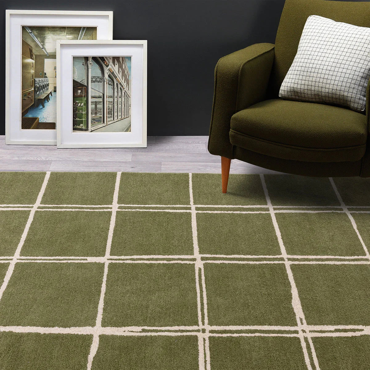 Asiatic Albany Grid Olive Designer Rug featuring grid pattern in olive & cream on olive background, hand-tufted wool