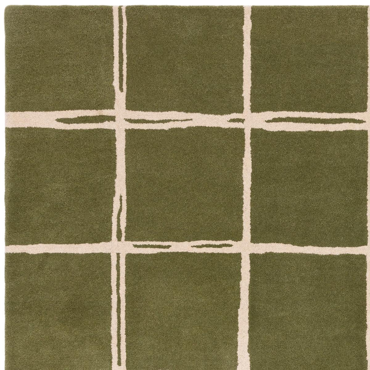 Asiatic Albany Grid Olive Designer Rug featuring grid pattern with cream lines on olive background, hand-tufted wool