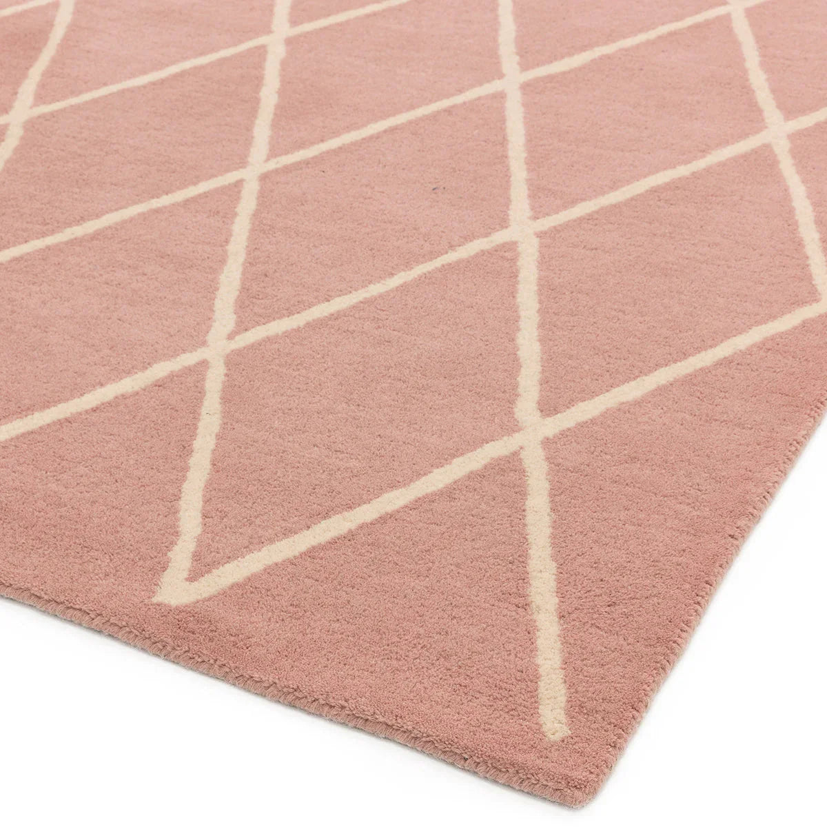 Asiatic Albany Diamond Pink Rug featuring a diamond grid in dusty pink, cream on pink background, hand-tufted wool