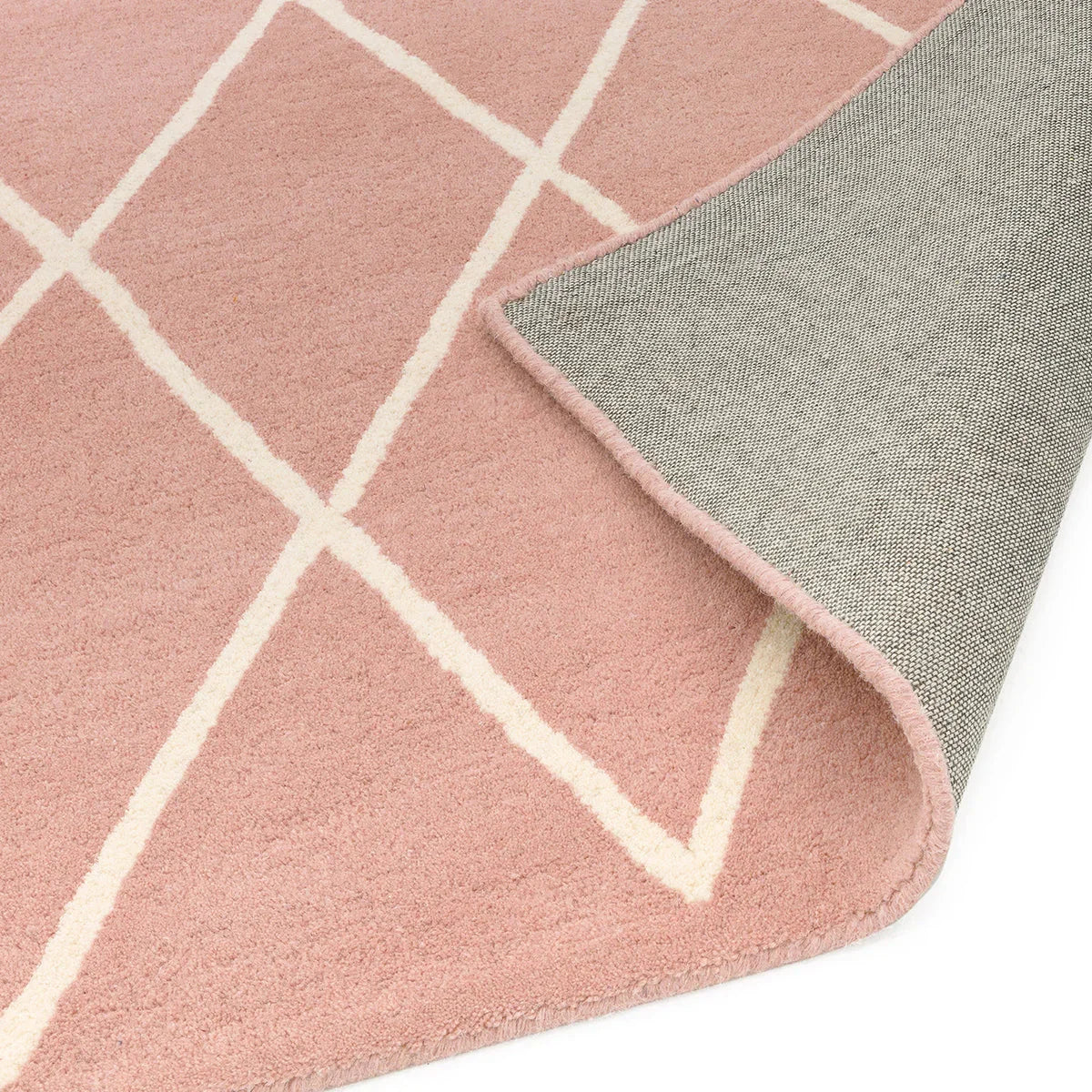 Asiatic Albany Diamond Pink Designer Rug featuring diamond lattice pattern in rose pink and ivory on white background, hand-tufted wool