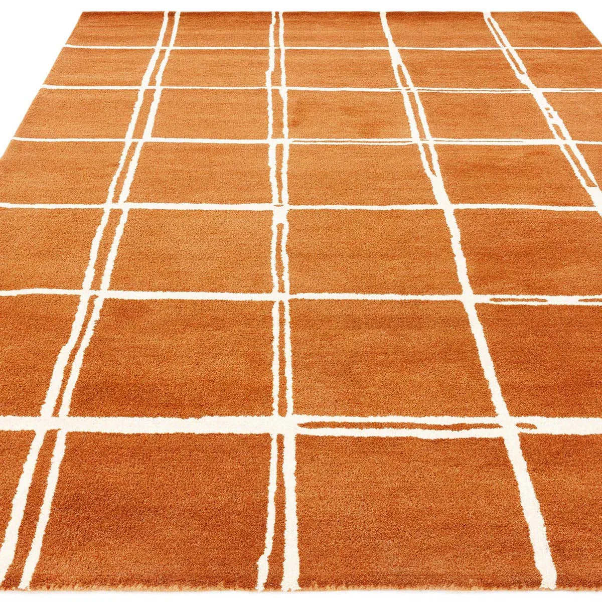 Asiatic Albany Grid Rust Designer Rug featuring ivory and cream grid lines on burnt orange background, hand-tufted wool