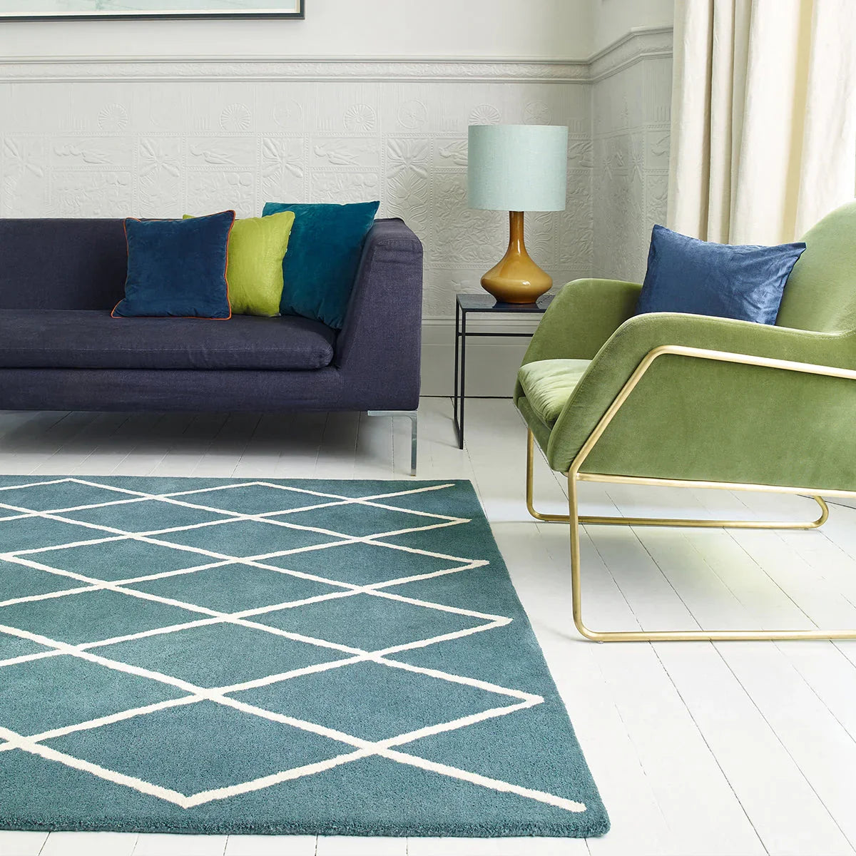 Asiatic Albany Diamond Teal Rug featuring diamond lattice in teal, white and navy on white background, hand-tufted wool