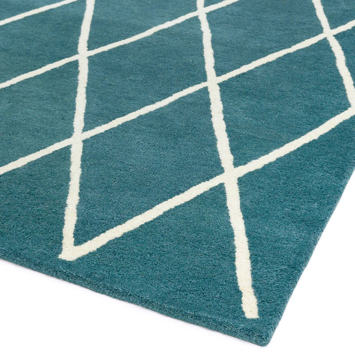 Asiatic Albany Diamond Teal Designer Rug featuring diamond grid in teal and cream on teal background, hand-tufted wool