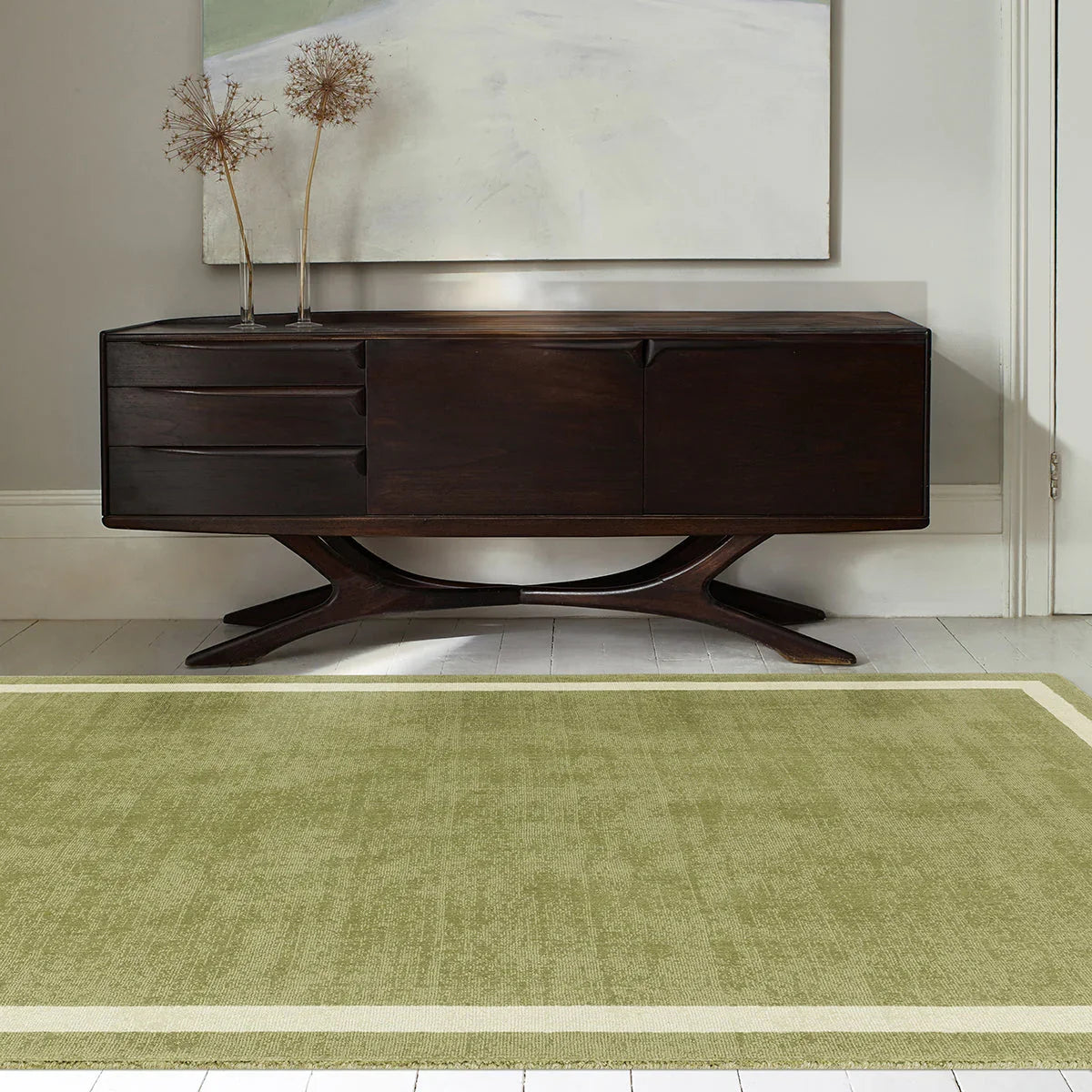 Asiatic Albi Green Designer Rug featuring solid olive, sage-green and cream on white floor, machine-woven wool