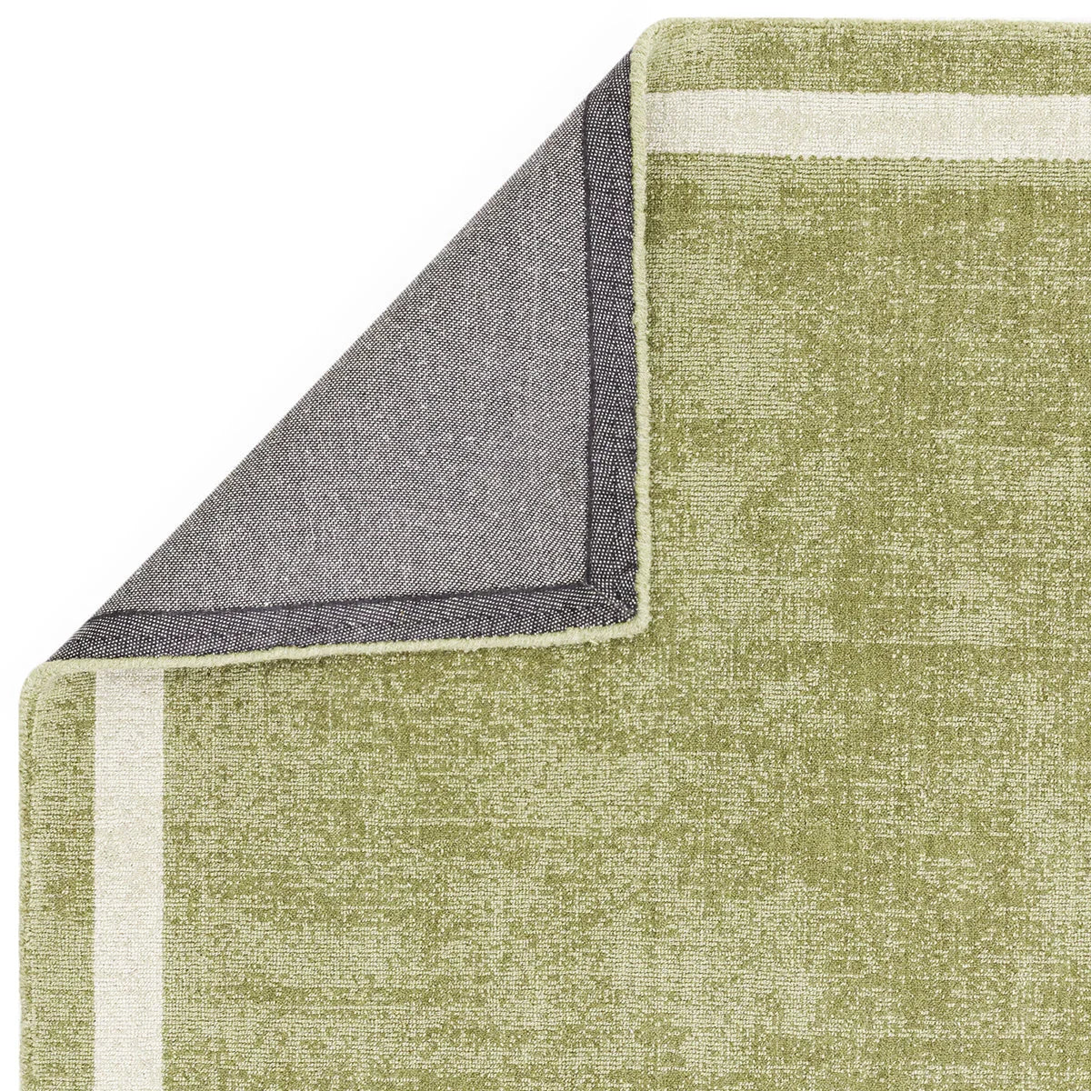 Asiatic Albi Green Designer Rug featuring olive green field with cream beige striped border on white background, machine-made wool