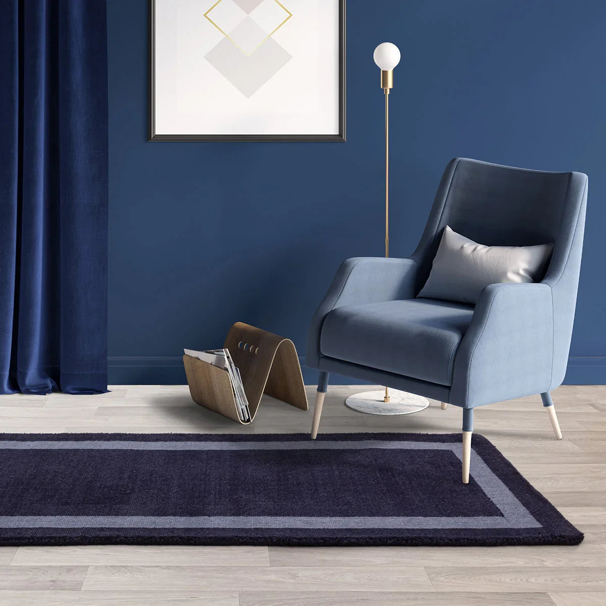 Asiatic Albi Navy Runner featuring geometric border in navy, steel blue and grey on navy background, hand-tufted wool