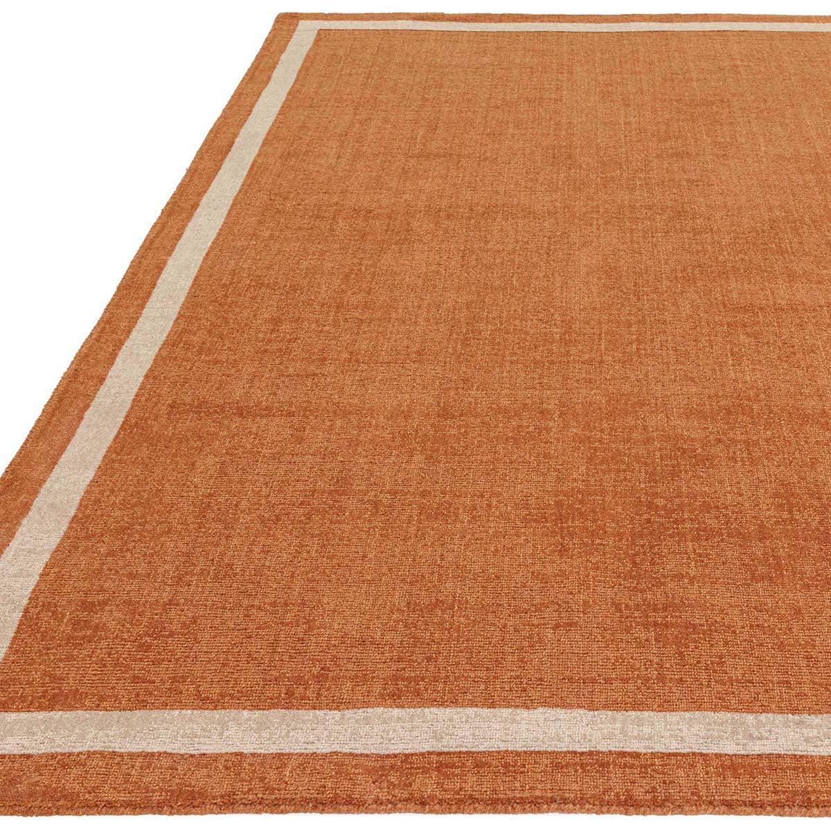 Asiatic Albi Orange Designer Rug featuring solid orange field with pale beige border on white background, woven wool