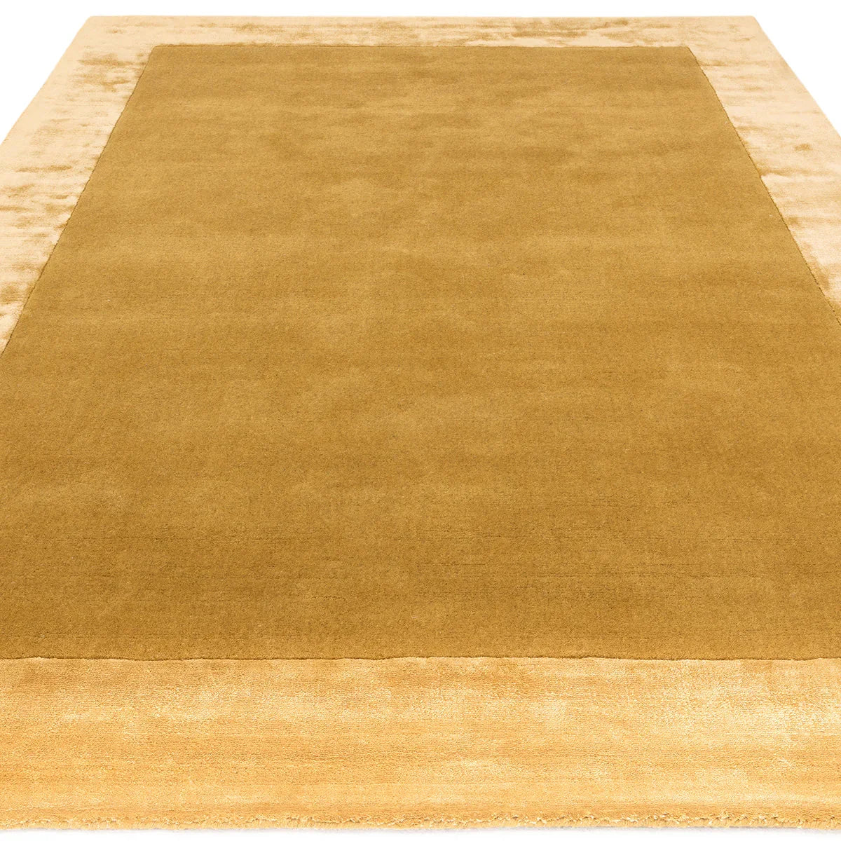 Asiatic Ascot Gold Designer Rug featuring solid colour field in ochre with cream border on beige bg, tufted wool