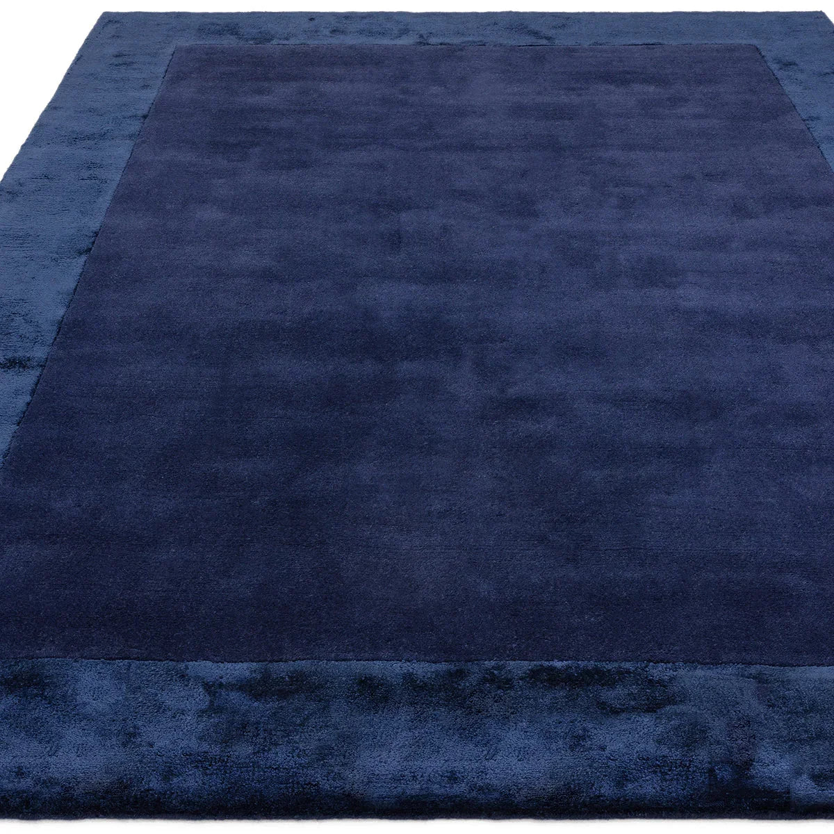 Asiatic Ascot Navy Designer Rug featuring solid navy field with cobalt and sky-blue border on white, hand-tufted wool