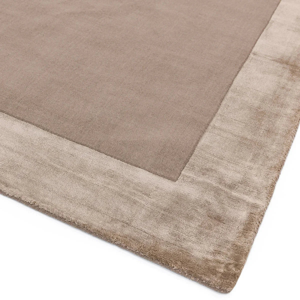 Asiatic Ascot Sand Designer Rug featuring solid field with beige border in sand and taupe on white, hand-tufted wool