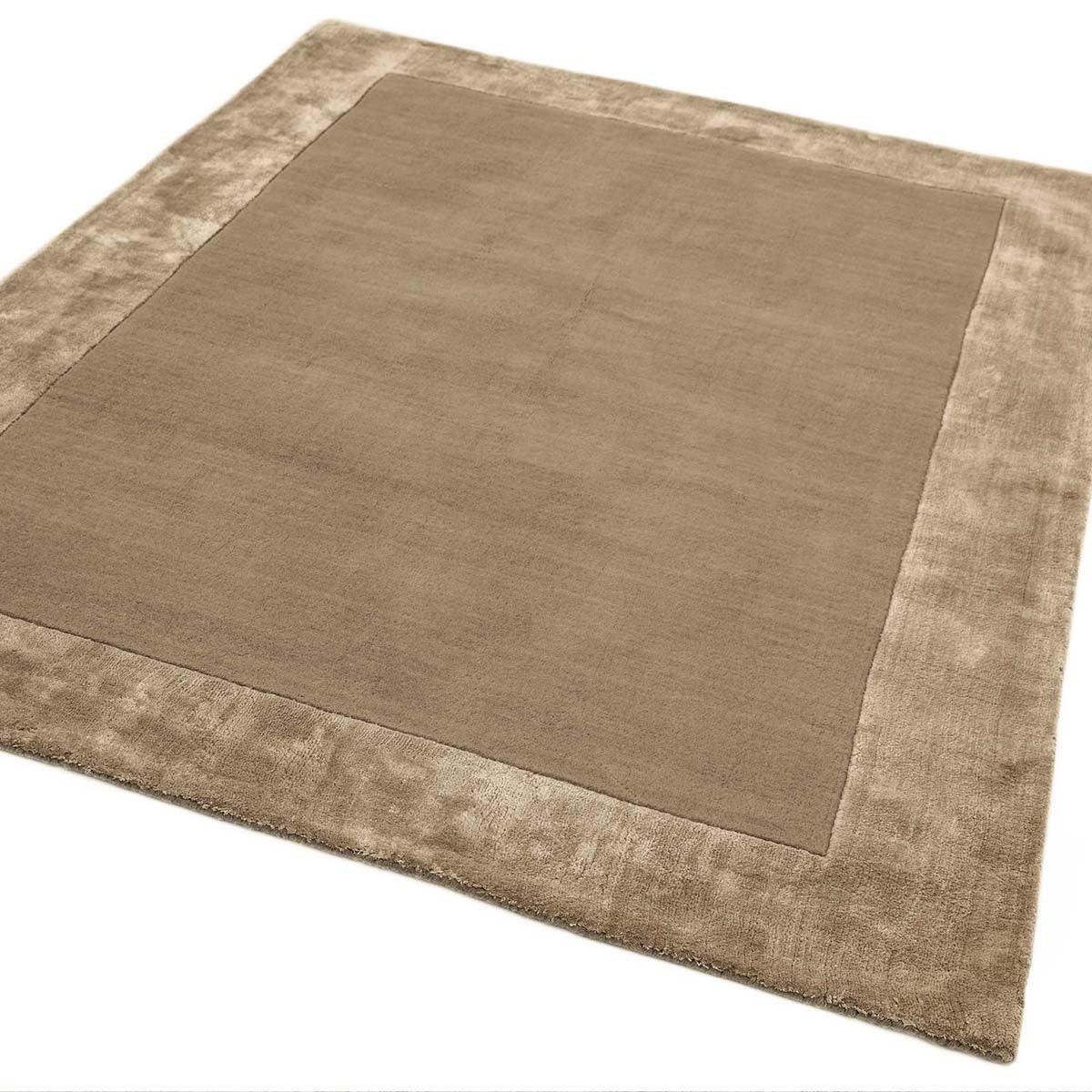 Asiatic Ascot Taupe Designer Rug with plain taupe field, beige and cream border on white background, hand-tufted wool