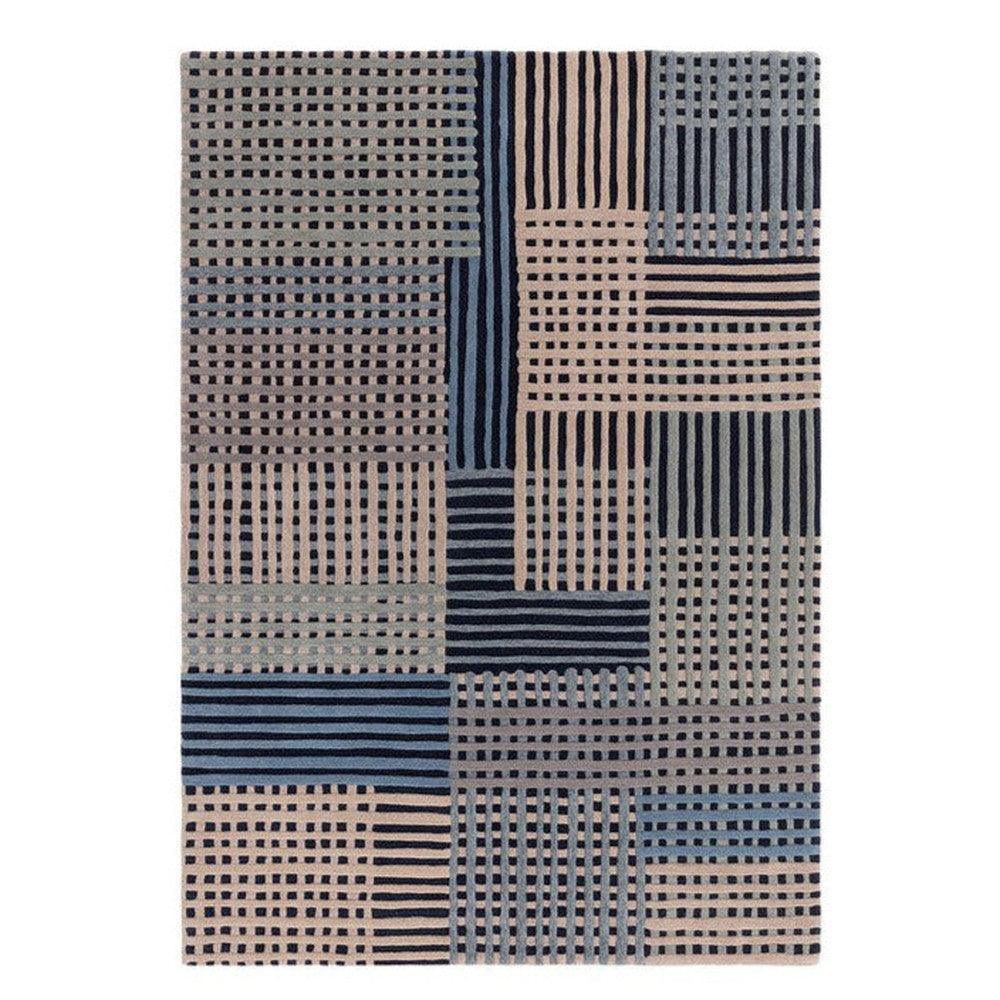 Asiatic Aspect Blue Designer Rug featuring patchwork geometric blocks in navy, cobalt, beige and grey on beige background, hand-tufted wool