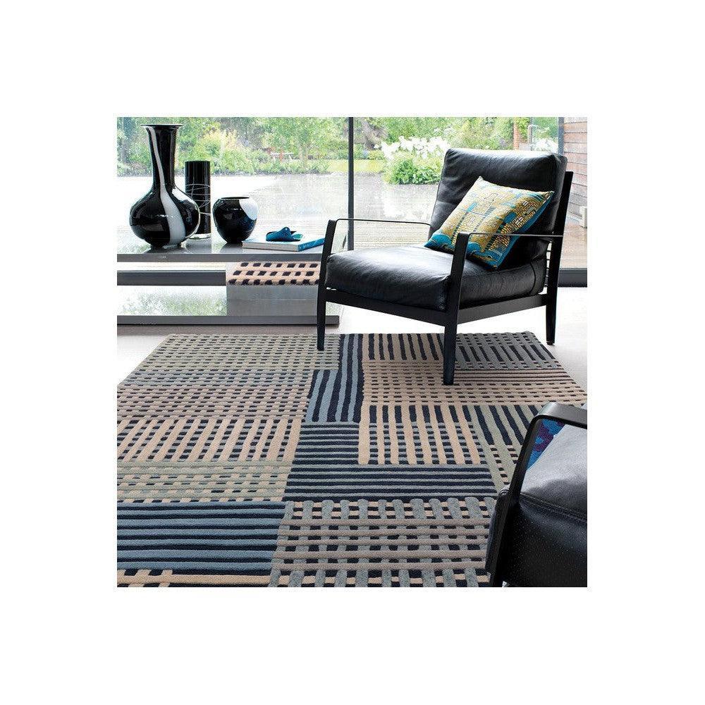 Asiatic Aspect Blue Designer Rug featuring geometric patchwork in navy, sky blue, beige and taupe on cream background, hand-tufted wool