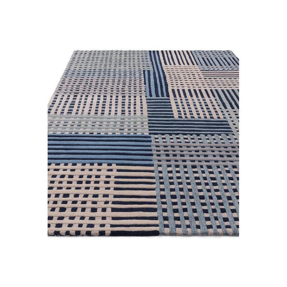 Asiatic Aspect Blue Designer Rug featuring geometric patchwork stripe pattern in navy blue, sky blue and beige on ivory background, hand-tufted wool