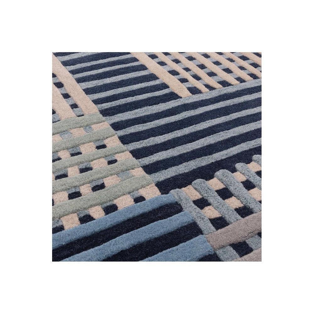 Asiatic Aspect Blue Designer Rug featuring geometric stripe pattern in navy, light blue and beige on blue field, hand-tufted wool