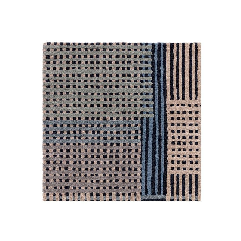 Asiatic Aspect Blue Designer Rug featuring geometric striped blocks in navy, blue-grey and beige on cream background, hand-tufted wool