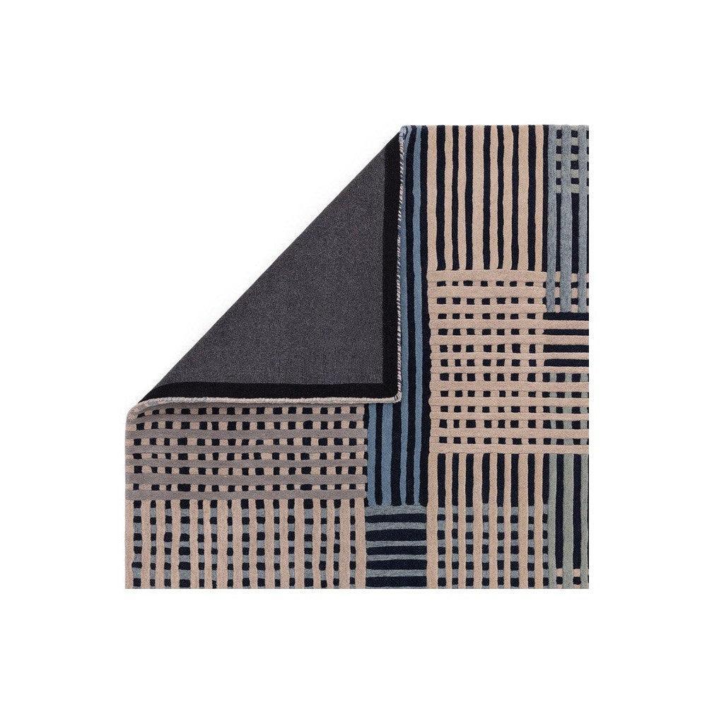 Asiatic Aspect Blue Designer Rug featuring geometric patchwork in navy, beige and cream on light background, machine-woven polyester