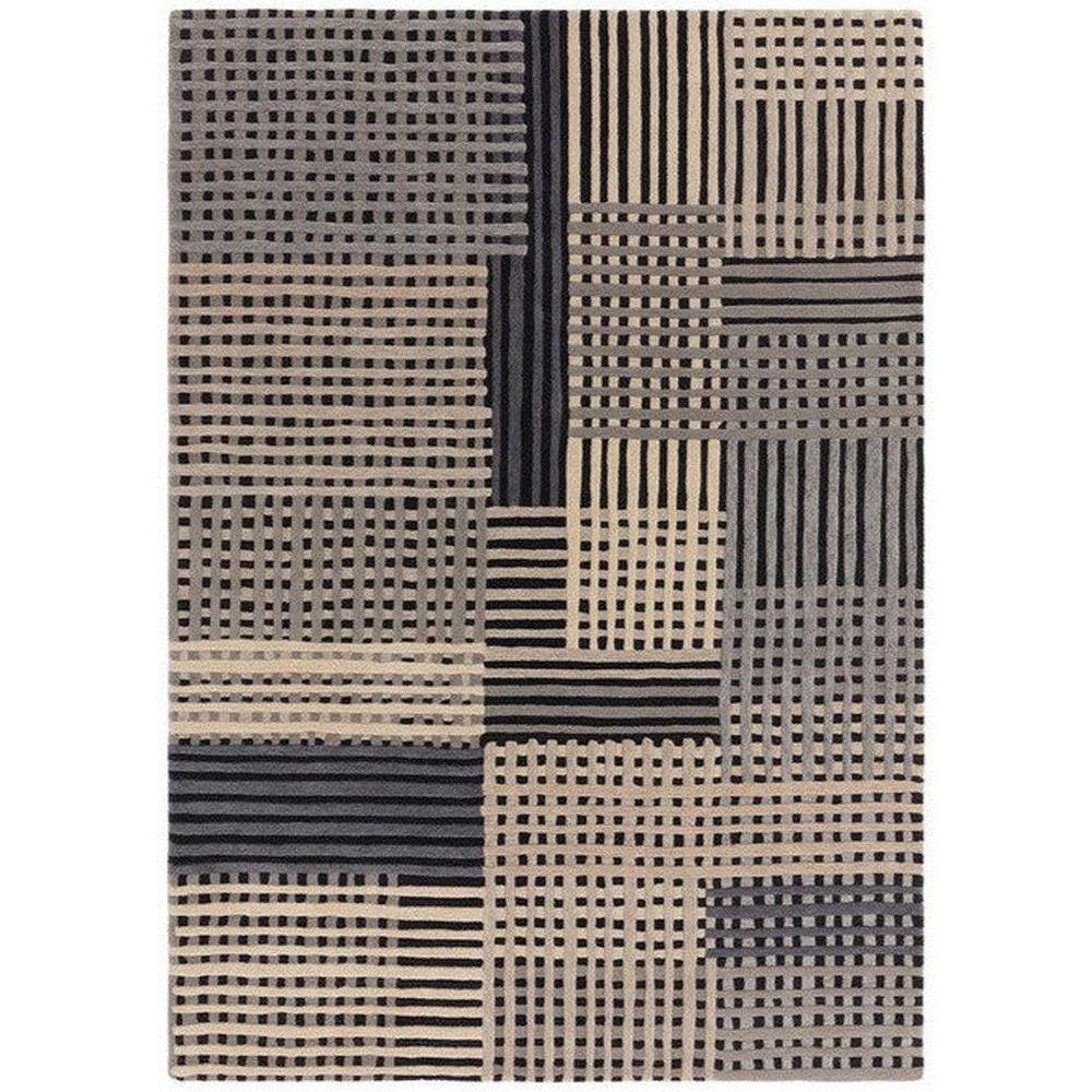 Asiatic Aspect Grey Designer Rug featuring geometric patchwork in charcoal, grey, beige and cream on light beige background, machine-made wool